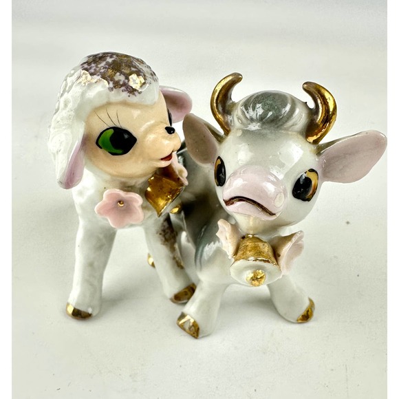 Vintage Cow And Lamb Figurines Ceramic White Gray Porcelain Gold Trim Japan - Picture 2 of 13